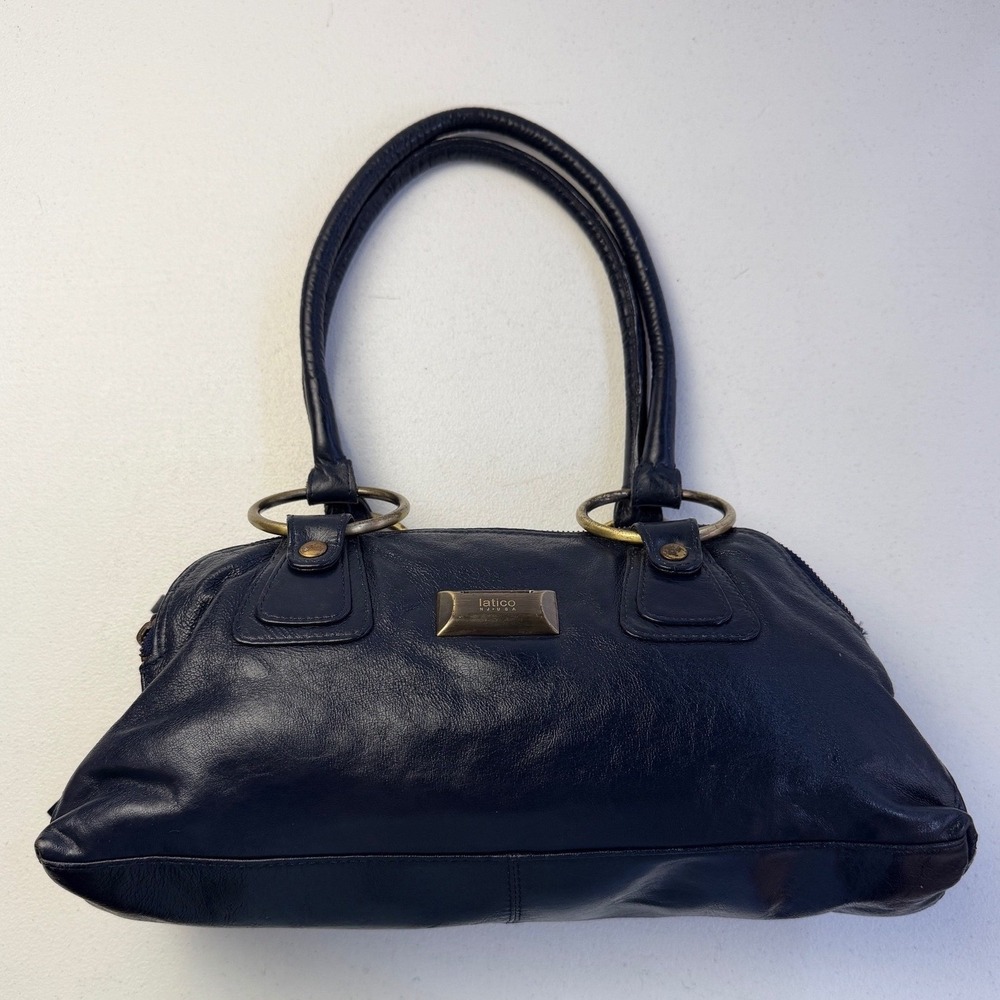 Latico Leather Triple Zip Satchel Shoulder Bag Navy Blue Brass O-Ring Boho Y2K